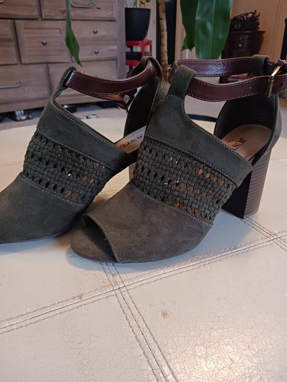 JustFab Olive Green Suede Woven Peep-Toe Block Heel Sandals